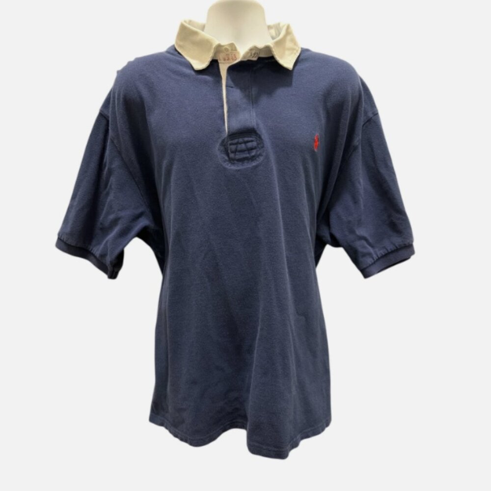 Polo Ralph Lauren Mens Short Sleeve Rugby Shirt RED Pony Logo Navy Blue XXL VTG